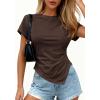 imagePRETTYGARDEN Womens Asymmetrical Summer Tops 2026 Going Out Shirts Spring Y2K Short Sleeve Crew Neck Ruched Trendy ClothesBrown