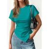 imagePRETTYGARDEN Womens Asymmetrical Summer Tops 2026 Going Out Shirts Spring Y2K Short Sleeve Crew Neck Ruched Trendy ClothesGreen