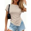 imagePRETTYGARDEN Womens Asymmetrical Summer Tops 2026 Going Out Shirts Spring Y2K Short Sleeve Crew Neck Ruched Trendy ClothesLight Khaki