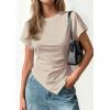 imagePRETTYGARDEN Womens Asymmetrical Summer Tops 2026 Going Out Shirts Spring Y2K Short Sleeve Crew Neck Ruched Trendy ClothesLight Khaki