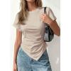 imagePRETTYGARDEN Womens Asymmetrical Summer Tops 2026 Going Out Shirts Spring Y2K Short Sleeve Crew Neck Ruched Trendy ClothesLight Khaki