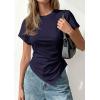 imagePRETTYGARDEN Womens Asymmetrical Summer Tops 2026 Going Out Shirts Spring Y2K Short Sleeve Crew Neck Ruched Trendy ClothesNavy