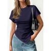 imagePRETTYGARDEN Womens Asymmetrical Summer Tops 2026 Going Out Shirts Spring Y2K Short Sleeve Crew Neck Ruched Trendy ClothesNavy
