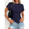 imagePRETTYGARDEN Womens Asymmetrical Summer Tops 2026 Going Out Shirts Spring Y2K Short Sleeve Crew Neck Ruched Trendy ClothesNavy
