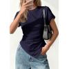 imagePRETTYGARDEN Womens Asymmetrical Summer Tops 2026 Going Out Shirts Spring Y2K Short Sleeve Crew Neck Ruched Trendy ClothesNavy