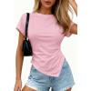 imagePRETTYGARDEN Womens Asymmetrical Summer Tops 2026 Going Out Shirts Spring Y2K Short Sleeve Crew Neck Ruched Trendy ClothesPink