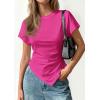 imagePRETTYGARDEN Womens Asymmetrical Summer Tops 2026 Going Out Shirts Spring Y2K Short Sleeve Crew Neck Ruched Trendy ClothesRose Red