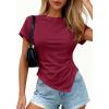 imagePRETTYGARDEN Womens Asymmetrical Summer Tops 2026 Going Out Shirts Spring Y2K Short Sleeve Crew Neck Ruched Trendy ClothesWine Red