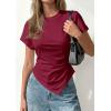 imagePRETTYGARDEN Womens Asymmetrical Summer Tops 2026 Going Out Shirts Spring Y2K Short Sleeve Crew Neck Ruched Trendy ClothesWine Red