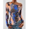 imagePRETTYGARDEN Womens Fall Trendy Off Shoulder Y2k Tops 2026 Tie Dye Mesh Long Sleeve Shirts Asymmetrical Ruched Floral BlouseBlue Watercolour