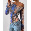 imagePRETTYGARDEN Womens Fall Trendy Off Shoulder Y2k Tops 2026 Tie Dye Mesh Long Sleeve Shirts Asymmetrical Ruched Floral BlouseBlue Watercolour
