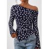 imagePRETTYGARDEN Womens Fall Trendy Off Shoulder Y2k Tops 2026 Tie Dye Mesh Long Sleeve Shirts Asymmetrical Ruched Floral BlouseDot Navy Blue White