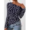 imagePRETTYGARDEN Womens Fall Trendy Off Shoulder Y2k Tops 2026 Tie Dye Mesh Long Sleeve Shirts Asymmetrical Ruched Floral BlouseDot Navy Blue White