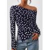 imagePRETTYGARDEN Womens Fall Trendy Off Shoulder Y2k Tops 2026 Tie Dye Mesh Long Sleeve Shirts Asymmetrical Ruched Floral BlouseDot Navy Blue White