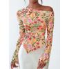imagePRETTYGARDEN Womens Fall Trendy Off Shoulder Y2k Tops 2026 Tie Dye Mesh Long Sleeve Shirts Asymmetrical Ruched Floral BlouseFloral Apricot Multi