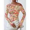 imagePRETTYGARDEN Womens Fall Trendy Off Shoulder Y2k Tops 2026 Tie Dye Mesh Long Sleeve Shirts Asymmetrical Ruched Floral BlouseFloral Apricot Multi