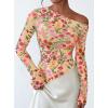 imagePRETTYGARDEN Womens Fall Trendy Off Shoulder Y2k Tops 2026 Tie Dye Mesh Long Sleeve Shirts Asymmetrical Ruched Floral BlouseFloral Apricot Multi