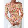 imagePRETTYGARDEN Womens Fall Trendy Off Shoulder Y2k Tops 2026 Tie Dye Mesh Long Sleeve Shirts Asymmetrical Ruched Floral BlouseFloral Apricot Multi