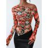 imagePRETTYGARDEN Womens Fall Trendy Off Shoulder Y2k Tops 2026 Tie Dye Mesh Long Sleeve Shirts Asymmetrical Ruched Floral BlouseFloral Black Multicolored
