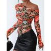 imagePRETTYGARDEN Womens Fall Trendy Off Shoulder Y2k Tops 2026 Tie Dye Mesh Long Sleeve Shirts Asymmetrical Ruched Floral BlouseFloral Black Multicolored