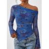 imagePRETTYGARDEN Womens Fall Trendy Off Shoulder Y2k Tops 2026 Tie Dye Mesh Long Sleeve Shirts Asymmetrical Ruched Floral BlouseFloral Blue