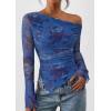 imagePRETTYGARDEN Womens Fall Trendy Off Shoulder Y2k Tops 2026 Tie Dye Mesh Long Sleeve Shirts Asymmetrical Ruched Floral BlouseFloral Blue