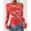 imagePRETTYGARDEN Womens Fall Trendy Off Shoulder Y2k Tops 2026 Tie Dye Mesh Long Sleeve Shirts Asymmetrical Ruched Floral BlouseFloral Brick Red