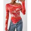 imagePRETTYGARDEN Womens Fall Trendy Off Shoulder Y2k Tops 2026 Tie Dye Mesh Long Sleeve Shirts Asymmetrical Ruched Floral BlouseFloral Brick Red