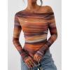 imagePRETTYGARDEN Womens Fall Trendy Off Shoulder Y2k Tops 2026 Tie Dye Mesh Long Sleeve Shirts Asymmetrical Ruched Floral BlouseFloral Brown