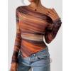 imagePRETTYGARDEN Womens Fall Trendy Off Shoulder Y2k Tops 2026 Tie Dye Mesh Long Sleeve Shirts Asymmetrical Ruched Floral BlouseFloral Brown