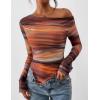 imagePRETTYGARDEN Womens Fall Trendy Off Shoulder Y2k Tops 2026 Tie Dye Mesh Long Sleeve Shirts Asymmetrical Ruched Floral BlouseFloral Brown