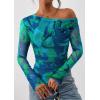 imagePRETTYGARDEN Womens Fall Trendy Off Shoulder Y2k Tops 2026 Tie Dye Mesh Long Sleeve Shirts Asymmetrical Ruched Floral BlouseFloral Green