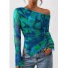 imagePRETTYGARDEN Womens Fall Trendy Off Shoulder Y2k Tops 2026 Tie Dye Mesh Long Sleeve Shirts Asymmetrical Ruched Floral BlouseFloral Green