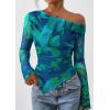 imagePRETTYGARDEN Womens Fall Trendy Off Shoulder Y2k Tops 2026 Tie Dye Mesh Long Sleeve Shirts Asymmetrical Ruched Floral BlouseFloral Green