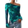 imagePRETTYGARDEN Womens Fall Trendy Off Shoulder Y2k Tops 2026 Tie Dye Mesh Long Sleeve Shirts Asymmetrical Ruched Floral BlouseFloral Lake Blue