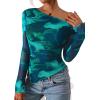 imagePRETTYGARDEN Womens Fall Trendy Off Shoulder Y2k Tops 2026 Tie Dye Mesh Long Sleeve Shirts Asymmetrical Ruched Floral BlouseFloral Lake Blue