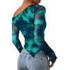 imagePRETTYGARDEN Womens Fall Trendy Off Shoulder Y2k Tops 2026 Tie Dye Mesh Long Sleeve Shirts Asymmetrical Ruched Floral BlouseFloral Lake Blue