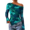imagePRETTYGARDEN Womens Fall Trendy Off Shoulder Y2k Tops 2026 Tie Dye Mesh Long Sleeve Shirts Asymmetrical Ruched Floral BlouseFloral Lake Blue
