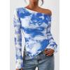 imagePRETTYGARDEN Womens Fall Trendy Off Shoulder Y2k Tops 2026 Tie Dye Mesh Long Sleeve Shirts Asymmetrical Ruched Floral BlouseFloral Light Blue