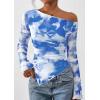 imagePRETTYGARDEN Womens Fall Trendy Off Shoulder Y2k Tops 2026 Tie Dye Mesh Long Sleeve Shirts Asymmetrical Ruched Floral BlouseFloral Light Blue
