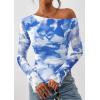 imagePRETTYGARDEN Womens Fall Trendy Off Shoulder Y2k Tops 2026 Tie Dye Mesh Long Sleeve Shirts Asymmetrical Ruched Floral BlouseFloral Light Blue