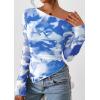 imagePRETTYGARDEN Womens Fall Trendy Off Shoulder Y2k Tops 2026 Tie Dye Mesh Long Sleeve Shirts Asymmetrical Ruched Floral BlouseFloral Light Blue