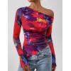 imagePRETTYGARDEN Womens Fall Trendy Off Shoulder Y2k Tops 2026 Tie Dye Mesh Long Sleeve Shirts Asymmetrical Ruched Floral BlouseFloral Navy Red
