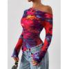 imagePRETTYGARDEN Womens Fall Trendy Off Shoulder Y2k Tops 2026 Tie Dye Mesh Long Sleeve Shirts Asymmetrical Ruched Floral BlouseFloral Navy Red