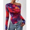imagePRETTYGARDEN Womens Fall Trendy Off Shoulder Y2k Tops 2026 Tie Dye Mesh Long Sleeve Shirts Asymmetrical Ruched Floral BlouseFloral Navy Red