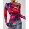 imagePRETTYGARDEN Womens Fall Trendy Off Shoulder Y2k Tops 2026 Tie Dye Mesh Long Sleeve Shirts Asymmetrical Ruched Floral BlouseFloral Navy Red