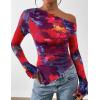 imagePRETTYGARDEN Womens Fall Trendy Off Shoulder Y2k Tops 2026 Tie Dye Mesh Long Sleeve Shirts Asymmetrical Ruched Floral BlouseFloral Navy Red