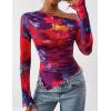 imagePRETTYGARDEN Womens Fall Trendy Off Shoulder Y2k Tops 2026 Tie Dye Mesh Long Sleeve Shirts Asymmetrical Ruched Floral BlouseFloral Navy Red