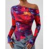 imagePRETTYGARDEN Womens Fall Trendy Off Shoulder Y2k Tops 2026 Tie Dye Mesh Long Sleeve Shirts Asymmetrical Ruched Floral BlouseFloral Navy Red