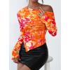 imagePRETTYGARDEN Womens Fall Trendy Off Shoulder Y2k Tops 2026 Tie Dye Mesh Long Sleeve Shirts Asymmetrical Ruched Floral BlouseFloral Orange